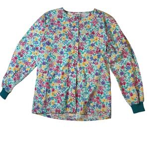 Simply Basic Womens Floral Scrub Jacket Teal Pink Snap Front Pockets Size S